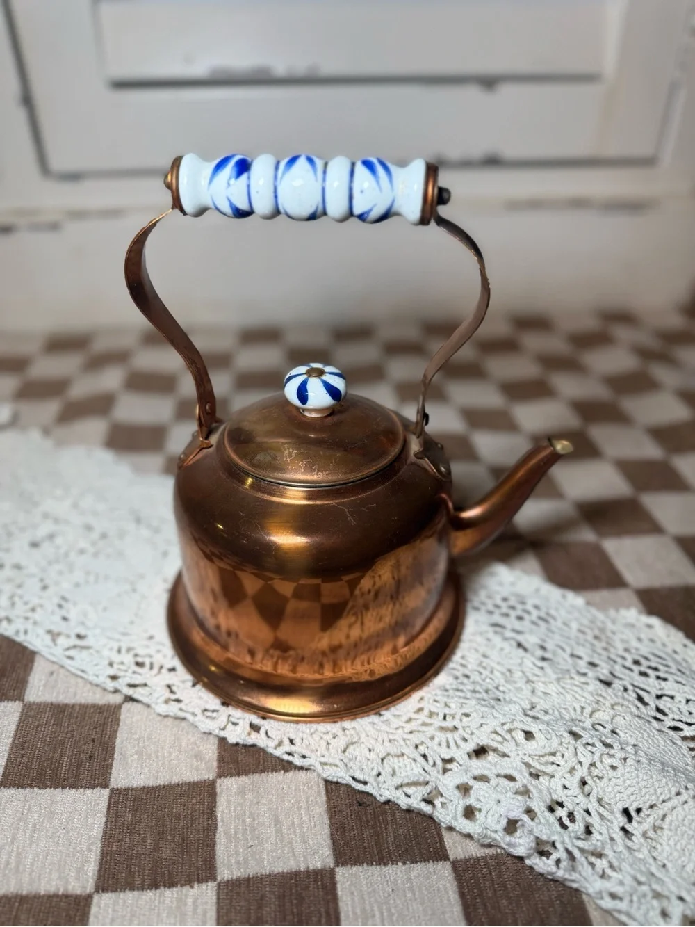 Vintage Cooper Tea Kettle Pot with Blue/White Handle